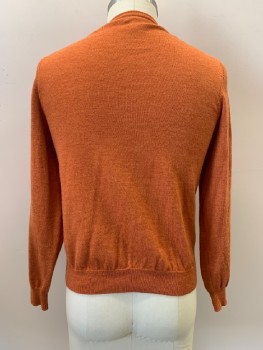 Mens, Pullover Sweater, BROOKS BROTHERS, Pumpkin Spice Orange, Wool, Nylon, Heathered, S, Knit, V Neck, Rib Knit, Knit Waistband & Cuff