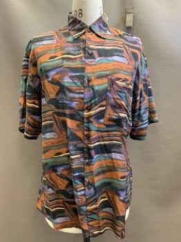 Mens, Casual Shirt, SUMMA, Black, Orange, Purple, Dk Brown, Silk, Abstract , M, S/S, Button Front, Collar Attached, Chest Pocket