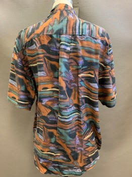 Mens, Casual Shirt, SUMMA, Black, Orange, Purple, Dk Brown, Silk, Abstract , M, S/S, Button Front, Collar Attached, Chest Pocket