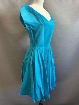 Womens, Cocktail Dress, NO LABEL, Teal Blue, Polyester, Solid, W24, B32, S/S, V Neck, Ribbed Details, Pleated, Side Zipper,