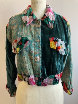 Womens, Jacket, PROTEST, Teal Blue, Multi-color, Nylon, Floral, Color Blocking, B: 32, S, C.A., L/S, B.F., 3 Pockets, Velveteen, Cropped