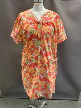 Womens, House Dress, PINK, Salmon Pink, Lt Green, Melon Orange, Poly/Cotton, Floral, 2XL, Quilted Yoke & Cuffs, Snap Front, Bow Over 1st Button, S/S, 2 Pckts, White Lace Trim