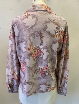 N/L, Mauve Pink, Pink, Brown, Beige, Polyester, Floral, Stretchy, L/S, Button Front, Collar Attached