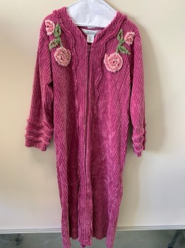 THE VERMONT STORE, Magenta Pink, Green, Lt Pink, Polyester, Cotton, Solid, Chenille, V-N, L/S, Zipper, 4 Pink Roses
