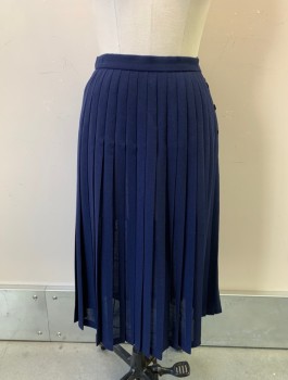 Womens, Skirt, JAEGER, Navy Blue, Polyester, Wool, Solid, W:26, Knife Pleats, Hem Below Knee, Button Closures At Side