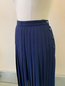 JAEGER, Navy Blue, Polyester, Wool, Solid, Knife Pleats, Hem Below Knee, Button Closures At Side