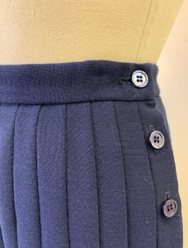 JAEGER, Navy Blue, Polyester, Wool, Solid, Knife Pleats, Hem Below Knee, Button Closures At Side