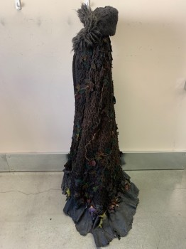 Womens, Sci-Fi/Fantasy Cape, MTO, Brown, Green, Ochre Brown-Yellow, Cotton, Leather, Leaves/Vines , Size, One, Heavy, Loose Netting Lined with Heavy Cotton, Rope 'Twigs' & 3D Leaves with Beads Scattered All Over, Hood with Faux Fur, Hem of Black Leather, Toggle at Neck, Aged/Distressed, Has a Matching Blouse and Skirt, See CF095176