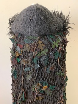 Womens, Sci-Fi/Fantasy Cape, MTO, Brown, Green, Ochre Brown-Yellow, Cotton, Leather, Leaves/Vines , Size, One, Heavy, Loose Netting Lined with Heavy Cotton, Rope 'Twigs' & 3D Leaves with Beads Scattered All Over, Hood with Faux Fur, Hem of Black Leather, Toggle at Neck, Aged/Distressed, Has a Matching Blouse and Skirt, See CF095176