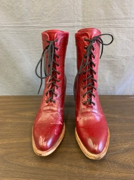 Womens, Boots 1890s-1910s, NL, Maroon Red, Leather, Solid, 10, Lace Up Ankle Book. Narrow Toe, with Brown Contrast Stack "granny' Heel, White Top stitching Throughout , 3/4 Inch Matching Edge Detail, Painted Over Finnish