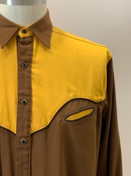 Mens, Western Shirt, ROCKMOUNT RANCH, Brown, Goldenrod Yellow, Polyester, Color Blocking, 16/34, L/S, Snap Button Front, Collar Attached, Chest Pockets, Black Piping,