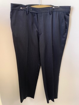 Mens, Slacks, ZARA MAN, Midnight Blue, Slate Blue, Poly/Cotton, Stripes - Pin, L30, W36, Zip Front, Extended Waistband With Button Closure, 4 Pckts, Coin Pocket, F.F, Creased