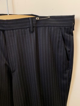 Mens, Slacks, ZARA MAN, Midnight Blue, Slate Blue, Poly/Cotton, Stripes - Pin, L30, W36, Zip Front, Extended Waistband With Button Closure, 4 Pckts, Coin Pocket, F.F, Creased
