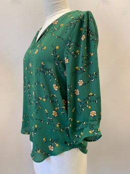 DR2, Green, Yellow, Beige, Black, Polyester, Floral, L/S, V Neck, Pleated Back