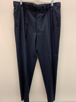 JOSEPH & FEISS, Navy Blue, Gray, Wool, Stripes - Vertical , Double Pleats, Slant Pockets,