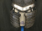 Mens, Historical Fiction Armor, MTO, Silver, Navy Blue, Rubber, O/S, SUIT of ARMOR: Set of Tassets: Silver Rubber Aged to Look Like Metal, 2 Pieces, Leather Trim with Silver Triangle Metal Detail,  Gold Embossed Detail, Faux Rivets, Tiered Plates with 3 Buckles at Top