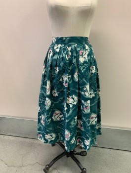 N/L, Forest Green, Multi-color, Cotton, Floral, Pleated, 1 Button Closure, Side Zipper, Midi Length, White And Pink Flowers