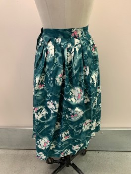 Womens, Skirt, N/L, Forest Green, Multi-color, Cotton, Floral, W25, Pleated, 1 Button Closure, Side Zipper, Midi Length, White And Pink Flowers