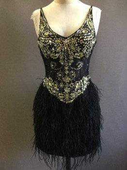 DAVE & JOHNNY, Black, Gold, Polyester, Feathers, Spaghetti Straps, Gold Gemstones In Floral Pattern, Side Zipper,  Ostrich Feathers,