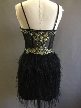 DAVE & JOHNNY, Black, Gold, Polyester, Feathers, Spaghetti Straps, Gold Gemstones In Floral Pattern, Side Zipper,  Ostrich Feathers,