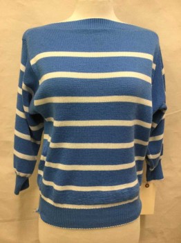 Womens, Sweater, NL, Blue, White, Synthetic, Stripes - Horizontal , B34, S, Boat Neck, 3/4 Sleeves