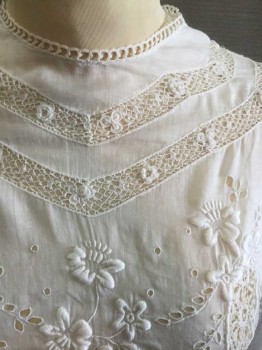 N/L, White, Cotton, Solid, Floral, Batiste, Long Sleeves, Buttons In Back, Open Threadwork Stripes and Floral Embroidery, Round Neck,  Pin Tucks At Shoulders, Small Horizontal Pin Tucks On Sleeves, Crochet Lace Trim At Cuffs, Self Twill Ties At Waist**Fabric Wear Near Neckline,