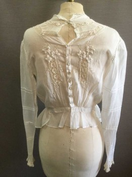 N/L, White, Cotton, Solid, Floral, Batiste, Long Sleeves, Buttons In Back, Open Threadwork Stripes and Floral Embroidery, Round Neck,  Pin Tucks At Shoulders, Small Horizontal Pin Tucks On Sleeves, Crochet Lace Trim At Cuffs, Self Twill Ties At Waist**Fabric Wear Near Neckline,