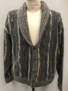 CHRISTOPHER HAYES, Gray, Brown, Blue, Rust Orange, Beige, Wool, Stripes, Cardigan, Nubby Wool W/Flecked Stripes In Assorted Colors, Shawl Collar, C.A., V-neck, BF, 2 Side Pockets, L/S,