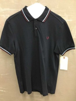 FRED PERRY, Navy Blue, Maroon Red, Lt Blue, Cotton, Solid, Short Sleeve,  2 Buttons,