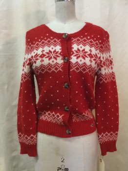 Womens, Cardigan Sweater, HOLLISTER, Red, White, Wool, Nylon, Holiday, S, Red, White Novelty Holiday Print, Button Front, Crew Neck,