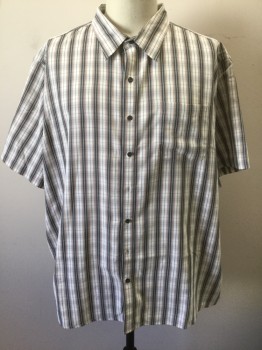 SYNERGY, White, Dk Gray, Orange, Lt Gray, Polyester, Plaid, Short Sleeve Button Front, Collar Attached, 1 Pocket