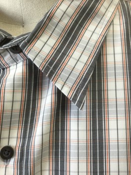 SYNERGY, White, Dk Gray, Orange, Lt Gray, Polyester, Plaid, Short Sleeve Button Front, Collar Attached, 1 Pocket
