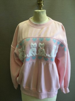 Womens, Sweatshirt, LYNX, Lt Pink, Poly/Cotton, Acrylic, Novelty Pattern, B: 42, O/S, with Knit Chest Band with White Cats, Ribbon Bows, Baby Blue Hearts, Silver Sparkle Knit Into Pink, Ribbed Knit Collar/Cuff/Waistband, White CN,  Undercollar