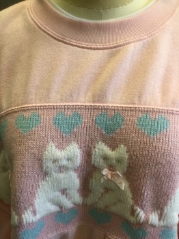 Womens, Sweatshirt, LYNX, Lt Pink, Poly/Cotton, Acrylic, Novelty Pattern, B: 42, O/S, with Knit Chest Band with White Cats, Ribbon Bows, Baby Blue Hearts, Silver Sparkle Knit Into Pink, Ribbed Knit Collar/Cuff/Waistband, White CN,  Undercollar