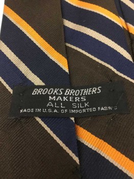 Mens, Tie, BROOKS BROTHERS, Dk Brown, Cream, Navy Blue, Orange, Silk, Stripes - Diagonal , 4 In Hand, See Photo Attached, Late 60s Early 70s