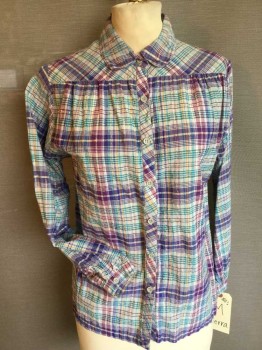 SIERRA, Purple, Teal Green, Plum Purple, Yellow, Gold, Cotton, Plaid, Gold Thread, Collar Attached, Button Front, Long Sleeves,