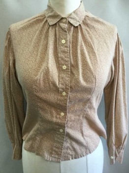 N/L, Beige, White, Cotton, Floral, Beige with Leaf/Flower Pattern Calico, Long Sleeve Button Front, Collar Attached, Puffy Sleeves Gathered At Shoulders, Made To Order, **Large Mend/Repair That Stretches From Collar, Down The Shoulder, To Hem