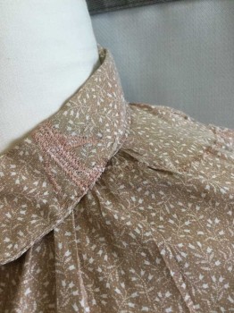N/L, Beige, White, Cotton, Floral, Beige with Leaf/Flower Pattern Calico, Long Sleeve Button Front, Collar Attached, Puffy Sleeves Gathered At Shoulders, Made To Order, **Large Mend/Repair That Stretches From Collar, Down The Shoulder, To Hem