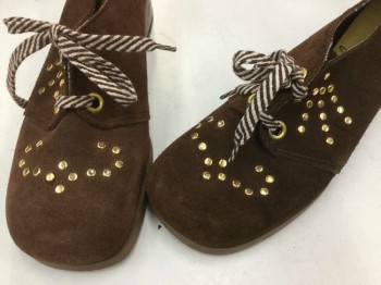 Womens, Shoe, DUET, Brown, Gold, White, Suede, Metallic/Metal, 8.5, Gold Studded Detail, Brown & White Laces, Chunky Heel