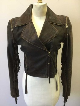SARA BERMAN, Dk Brown, Leather, Solid, Motorcycle Jacket Style, Double Breasted with Zipper, Leather Fringe, Zipper Edging on Collar and Lapel, Removable Sleeves By Zipper, Lined in Animal Print