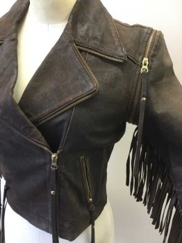 SARA BERMAN, Dk Brown, Leather, Solid, Motorcycle Jacket Style, Double Breasted with Zipper, Leather Fringe, Zipper Edging on Collar and Lapel, Removable Sleeves By Zipper, Lined in Animal Print