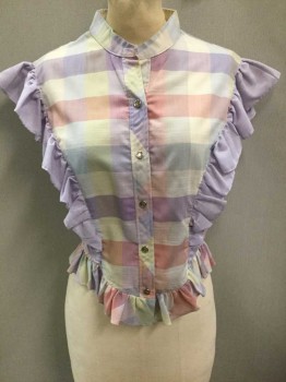 H BAR C, Multi-color, Lt Pink, Lavender Purple, Lt Yellow, Lt Blue, Polyester, Cotton, Plaid, Pastel Plaid, Ruffled Cap Sleeves Which Continue Into Princess Seams, Ruffled Hem,  Band Collar, Snap Closures, Cropped, **Missing Top Button
