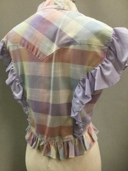 H BAR C, Multi-color, Lt Pink, Lavender Purple, Lt Yellow, Lt Blue, Polyester, Cotton, Plaid, Pastel Plaid, Ruffled Cap Sleeves Which Continue Into Princess Seams, Ruffled Hem,  Band Collar, Snap Closures, Cropped, **Missing Top Button
