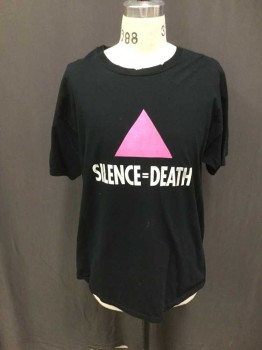 Mens, T-shirt, N/L, Black, Cotton, Solid, Graphic, L, S/S, Aged Ribbed CN, Pink Triangle with White "Silence=Death"