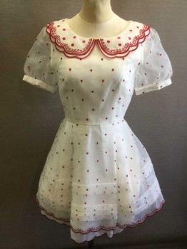 Womens, Dress, Short Sleeve, N/L, White, Red, Polyester, Cotton, Dots, Geometric, 4, White Chiffon with Red Embroidered Dots, Opaque White Underlayer, Short Puffy Sheer Sleeves, Scoop Neck, Rounded Collar with Red Embroidered Scallopped Edges and Red Looped Detail Embroidery and Larger Dots, Pleats at Waist, Multiple Horizontal Pleats Near Hem, Scalloped Detail at Hem (Same As on Collar), A-Line Skirt, Hem Above Knee,  Invisible Zipper at Center Back, "Lolita" Inspired Look