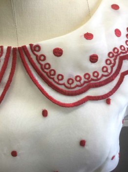Womens, Dress, Short Sleeve, N/L, White, Red, Polyester, Cotton, Dots, Geometric, 4, White Chiffon with Red Embroidered Dots, Opaque White Underlayer, Short Puffy Sheer Sleeves, Scoop Neck, Rounded Collar with Red Embroidered Scallopped Edges and Red Looped Detail Embroidery and Larger Dots, Pleats at Waist, Multiple Horizontal Pleats Near Hem, Scalloped Detail at Hem (Same As on Collar), A-Line Skirt, Hem Above Knee,  Invisible Zipper at Center Back, "Lolita" Inspired Look