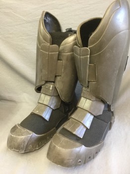 Mens, Sci-Fi/Fantasy Boots , Faded Black, Dk Brown, Synthetic, Plastic, 8, Black Heavy Mesh, with Dark Brown Molded Plastic Pieces Attached, Side Zip, Calf Length, Built Over Top of Existing "BATES" Law Enforcement Boot