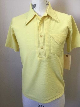Mens, Polo Shirt, MISTER MAN, Lemon Yellow, Blue, Brown, Polyester, Solid, M, 4 Buttons, 1 Pocket, 2 Colored Stitching Trim, Honycomb Texture