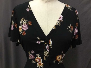Womens, Dress, Short Sleeve, ABERCROMBIE & FITCH, Black, Pink, Plum Purple, Yellow, Olive Green, Rayon, Floral, M, V-neck, Button Front, Cut-off Short Sleeves, Flair Bottom, Thin Self Waist Belt Attached