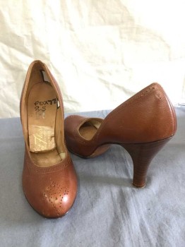 Womens, Shoes, FOOT FLAIRS, Sienna Brown, Leather, Solid, 8.5, 3" High Heel Round Toe Pump, Perforation Detail, Faux Wood Stack Heel